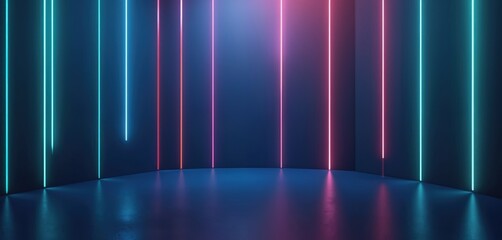 Poster - Sci-Fi illustration features vertical neon lines in blue, pink hues against dark abstract background. Futuristic scene offers sleek product display space, suitable for technology, gaming, cosmetic