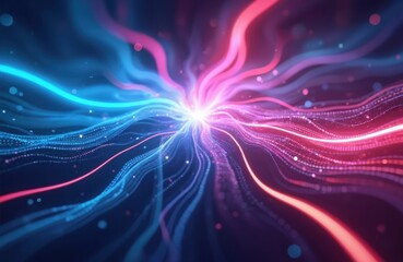 Poster - Abstract illustration features futuristic neon waves with glowing curves in vibrant colors. Digital art aesthetic creates dynamic light patterns, ideal for modern design backgrounds.