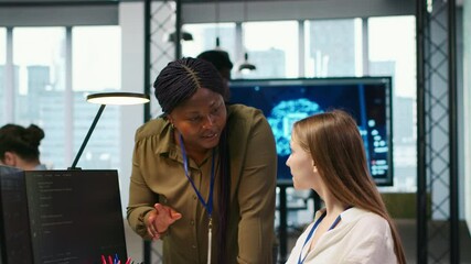 Poster - Happy manager praising intern progress with encouraging words, doing congratulating high five. Smiling team leader providing positive feedback for young female engineer at work, camera A