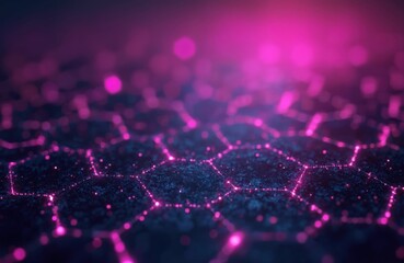 Fototapete - Abstract illustration of dark, textured surface with glowing purple hexagonal network. Shows futuristic tech, science, communication concepts with illuminated lines connecting nodes creating digital