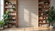 © Vadym - Modern minimalist office background features wooden bookshelves filled with books, plants, and decor. Natural light streams in, creating a warm, professional atmosphere ideal for video calls.