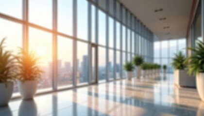 Poster - Modern blurred office lobby entrance, hospital corridor interior. Features large windows with city view, potted plants, polished floors. Clean, empty, bright space suitable for corporate, medical,