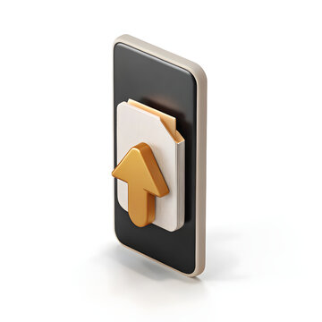 3d render of a upload button on mobile phone on white background, icon on white background