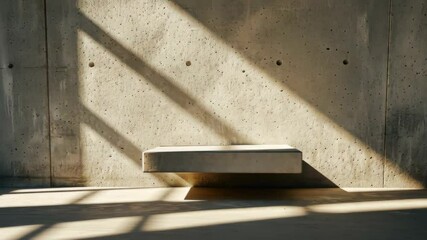 Poster - Minimalist Design: A floating bench casts a stark shadow against a textured concrete wall, the architectural elements creating a play of light and shadow