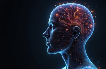 Poster - Abstract illustration of digital human head profile, glowing with colorful circuits, data streams. Represents AI, technology, human bias, future innovation. Features intricate neural network design.
