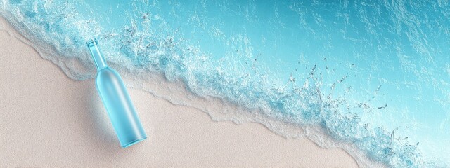 Aufkleber - Long Exposure Beach Scene with Clear Blue Water Waves and a Glass Bottle Floating on Sandy Shore Du Bright Sunny Day