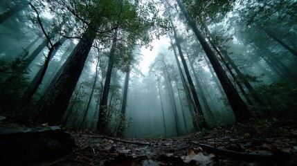 Aufkleber - Majestic dense forest with tall trees misty atmosphere sunlight filte through canopy lush green vegetation peaceful nature landscape