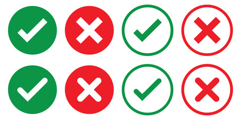Poster - Set green approval check mark and red cross icons in circle and square, checklist signs, flat checkmark approval badge, isolated tick symbols
