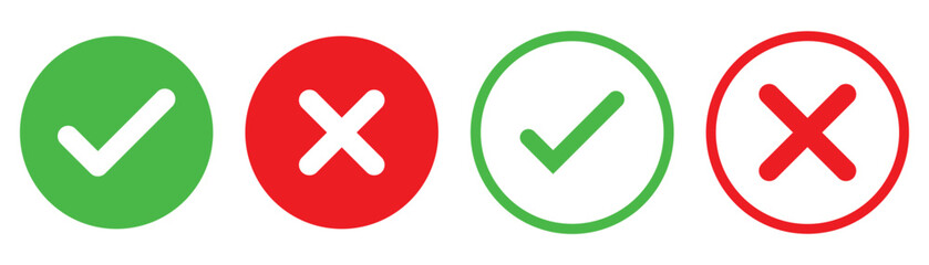Poster - Set green approval check mark and red cross icons in circle and square, checklist signs, flat checkmark approval badge, isolated tick symbols