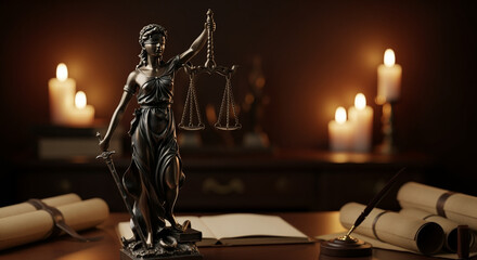 Poster - Lady Justice statue with scales and sword on desk with scrolls and candles