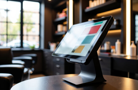 Modern touchscreen monitor displaying colorful graphics in a stylish office setting