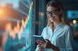 © Vadym - Smiling business woman uses tablet analyzing stock market data at night. Financial growth graphs, data trends overlaid on screen. Successful trader investor monitors investment performance on digital