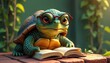 © Vadym - Cute cartoon turtle wearing glasses reads book. Concept illustration for literacy, education, learning, and International Literacy Day. Features a charming turtle, open book, and garden background.
