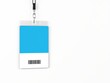 © SAIFUL - A blue and white id badge with a barcode hanging from a black lanyard on a white background space