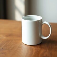 Poster - A simple white ceramic mug sitting on a wooden table with a blurred background in soft lighting