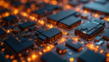 Poster - Microscopic view of nanotechnology circuitry resembling miniature city at night. Illuminated micro components, glowing connections on printed circuit board represent advanced manufacturing processes,
