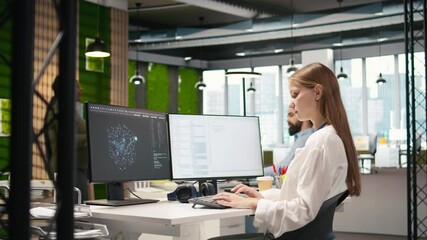 Fototapete - Junior developer optimizing performance using AI LLM chatbot recommendations. Young woman uses artificial intelligence assistant to convert manual workflows into automated scripts, camera A