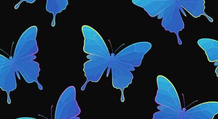 Poster - Blue butterflies seamless pattern, decorative design with glowing edges and black background