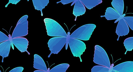 Poster - Seamless pattern of bright blue butterflies on a contrasting black background