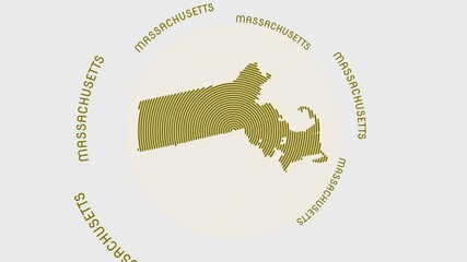 Poster - Massachusetts shape with dynamic circles visual effect. Animation of Massachusetts logo appearing from rotating rings and State name around the shape. Intro, opening, closing, logo video.