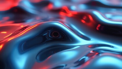 Poster - Abstract futuristic chrome surface with dynamic red, blue glowing effects. Smooth metallic liquid motion creates fluid waves with soft shine, reflections. Modern, stylish, sci-fi design element with