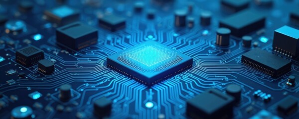 Poster - Blue circuit board closeup central processor, microchips, complex circuitry. Represents modern technology, computing, futuristic concepts, digital connectivity. High tech design features glowing