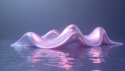 Poster - Abstract 3D render wavy, iridescent metallic shape floating above rippling water. Smooth, glossy form in purple, violet hues suggests futuristic, minimalist design, creating calm, tranquil atmosphere