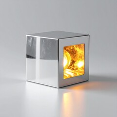 Poster - Silver Metal Cube with Yellow Glowing Inner Light on Gray Background