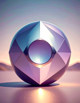 Metallic Geometric Sphere with Polygon Facets on a Blurred Landscape Backdrop