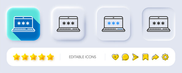 Poster - Laptop password line icon. Neumorphic, Flat shadow, 3d buttons. Cyber defence sign. Computer protection symbol. Line laptop password icon. Social media icons. Vector