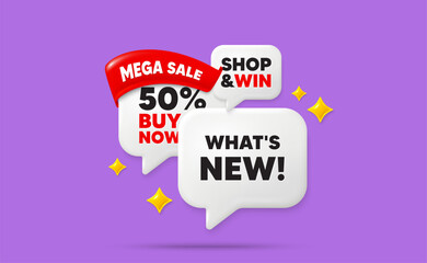 Poster - Whats new speech bubbles. Mega sale flag ribbon. Whats new tag. Special offer sign. New arrivals symbol. Discount chat bubbles with 3d sparkles. Vector