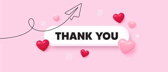 Poster - Thank you search bar. Share plane line icon. Thank you. Thanksgiving day sign. Gratitude text symbol. Search button with 3d hearts. Vector
