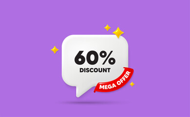 Poster - Discount chat speech bubble. Mega offer flag ribbon. 60 percent discount tag. Sale offer price sign. Special offer symbol. 3d sparkle stars speech bubble. Vector
