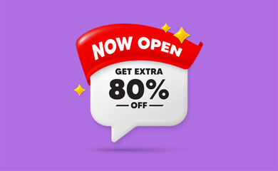 Poster - Extra discount chat speech bubble. Now open flag ribbon. Get Extra 80 percent off Sale. Discount offer price sign. Special offer symbol. Save 80 percentages. 3d sparkle stars speech bubble. Vector