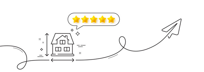 Poster - House dimension line icon. Continuous line with share plane. Building size sign. Architecture measurement symbol. Five star rate review in speech bubble. House dimension single line ribbon. Vector