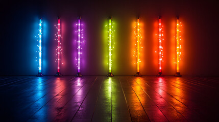 Wall Mural - Vibrant Rainbow LED Light Poles Illuminating a Dark Room with Reflections on a Glossy Wooden Floor in a Futuristic Neon Interior