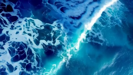 Poster - Aerial shot showcases blue ocean waves creating a dynamic pattern with swirling white foam and frothy texture, viewed from directly above.