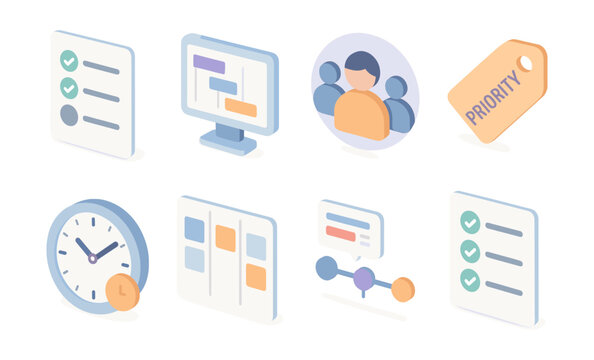 Isometric icons of productivity tools and management concepts in soft pastel colors