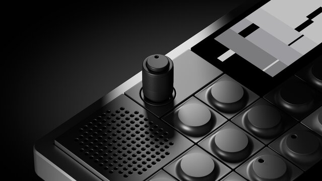 Close up of a sleek black synthesizer with round buttons, a textured knob, and an abstract graphic display, emphasizing music production and sound design