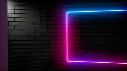 Poster - Rectangular neon frame with pink and blue lights on a dark brick wall for digital design, graphic resource or modern background.