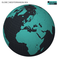 Poster - Vector Globe centered to Mediterranean Sea. Dark Charcoal Turquoise palette. World map with meridians, parallels, countries, rivers and lakes. Alive vector illustration.