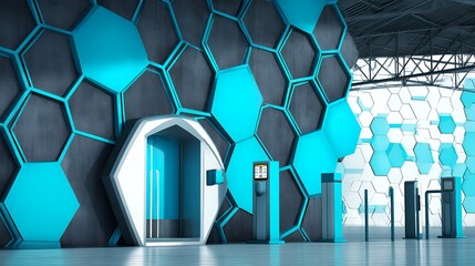 Poster - Futuristic Interior with Cyan Hexagon Walls and Charging Stations
