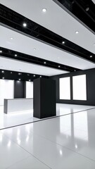 Poster - Modern exhibit space with blank white posters, black accents, and glossy white floor for product showcase, display, or presentation