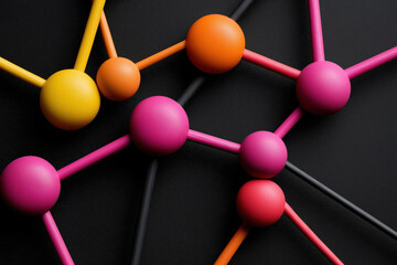 Poster - Colorful abstract arrangement of connecting spheres and lines on a dark surface