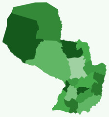 Poster - Map of Paraguay with regions. Just a simple country border map with region division. Green color palette. Plain Paraguay shape with administrative division. Vector illustration.