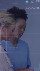 Poster - Animation of graphs, trading boards, diverse female doctor explaining nurse about patient medicine