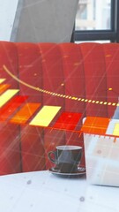 Poster - Animation of red and yellow diagram over caucasian businessman using smartphone
