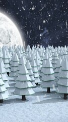 Poster - Animation of snow falling over winter night landscape with fir trees