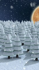 Poster - Animation of snow falling over winter night landscape with fir trees