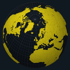 Poster - Faroe Islands on Globe. Country view on the world map in Charcoal Bright Yellow color palette. Faeroe Islands shape on map. Globe with meridians, parallels, countries, rivers and lakes.